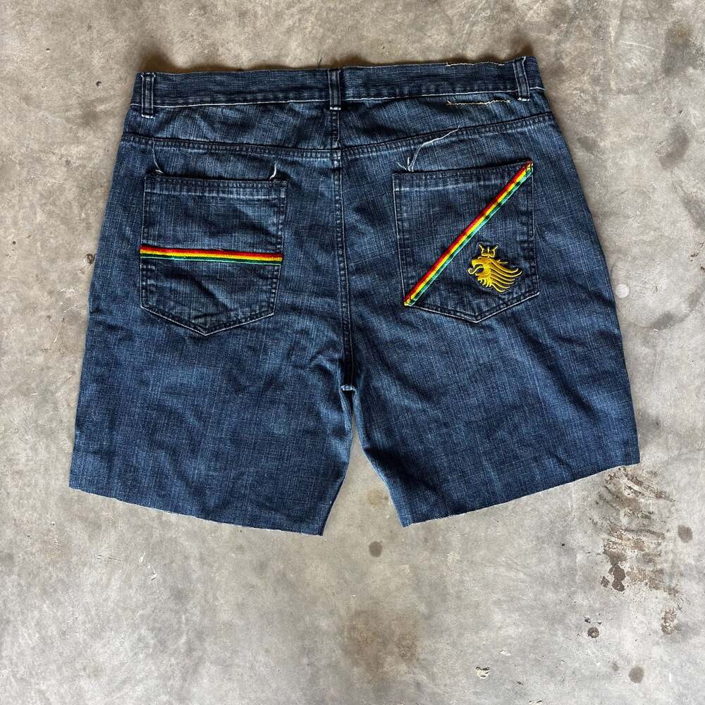 Vintage y2k Evolution In Design Men's Baggy Rasta Denim Jorts with Lion Embroide